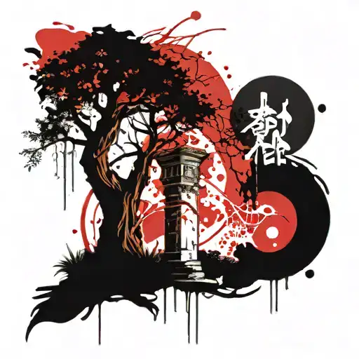 Ruined Column And A Willow Tree Next To It