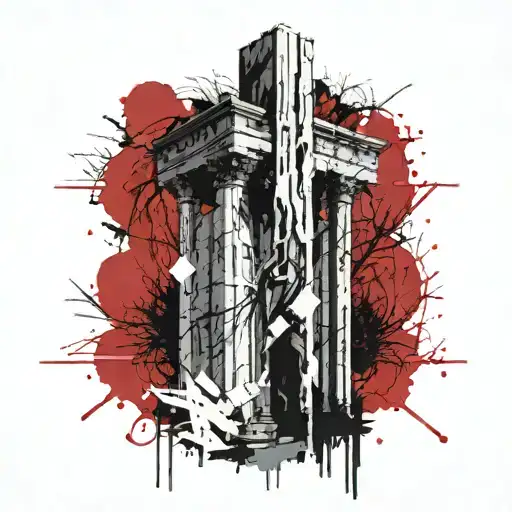 Ruined Column And A Willow Tree Next To It