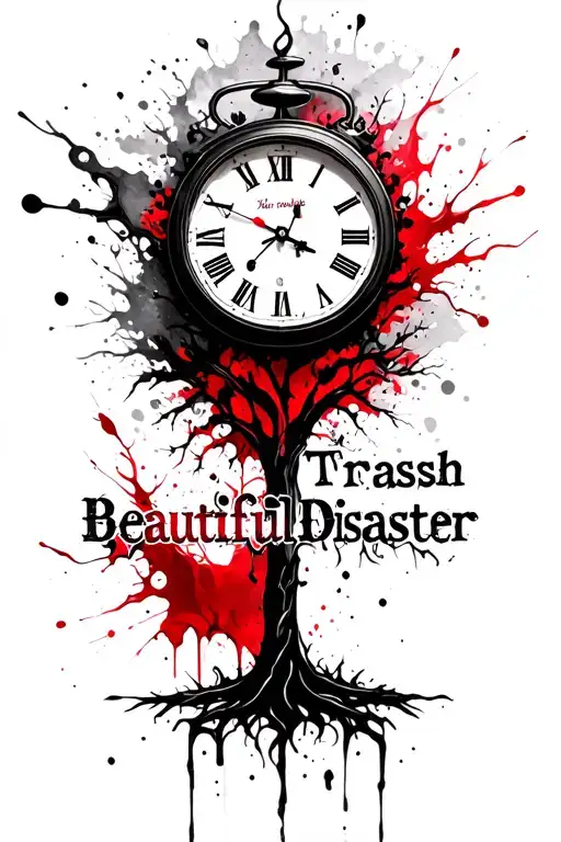Clock Tattoo With Tree And A Word Saying Beautiful Disaster