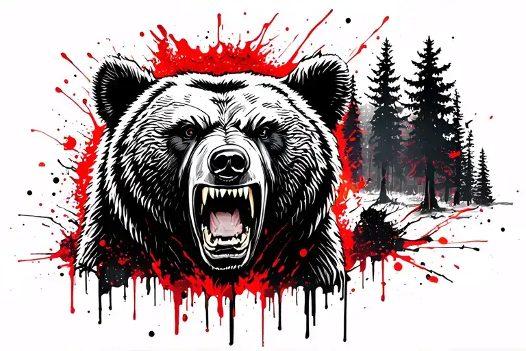 Angry Bear In Front Of Forests And Trees