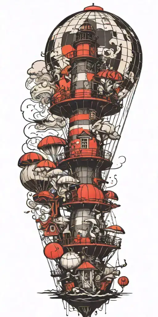 Lighthouse Mushroom Hot Air Ballon's And A Shipwreck