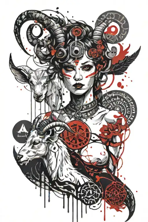 Zodiac Libra Woman And Scales With Goat Head With Long Horns