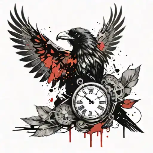 Create A Gloomy Raven Tattoo Including A Broken Clock And An Eye Of Odin In The Background