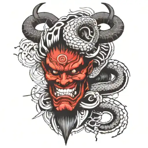 Japanese Oni Mask With A Snake