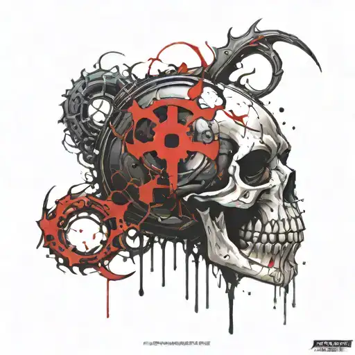 Skull Back Tattoo With World Of Warcraft Horde Symbol And Slipknot Symbol