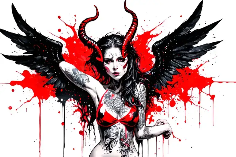 Naked Female Devil Full Of Tattoo With Wings