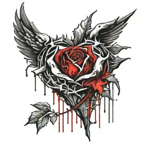 A Broken Heart Wrapped In A Wreath Of Jesus With A Spiky Rose Dripping With Blood