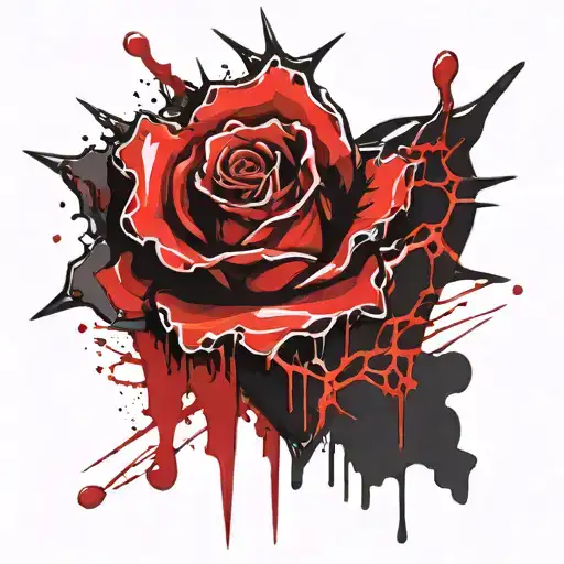 A Broken Heart With A Spiky Burning Rose Dripping With Blood Below The Heart