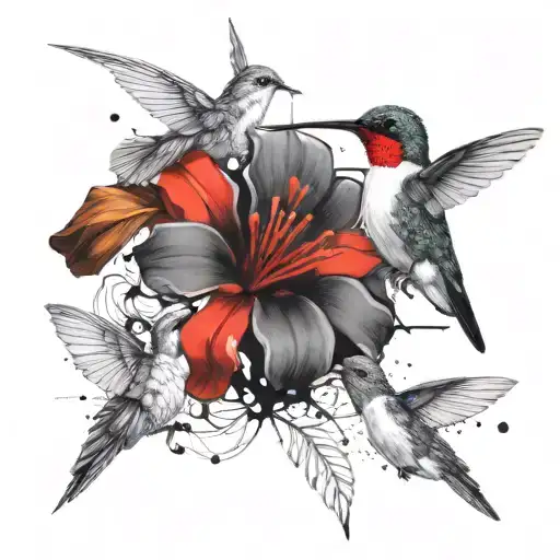 Realistic Black And White Hummingbird Tattoo Drinking From A Colored Dying Flower