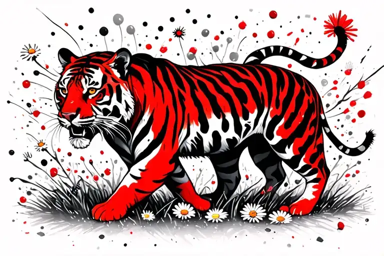 Tiger Walking In Daisies Falling