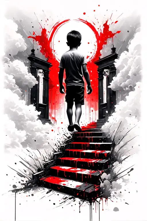 Little Boy Walking Up Stairway To Heaven Gates With Clouds