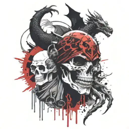 A Black Masked Ninja Next To A Black Dragon And Next To A Creepy Skull