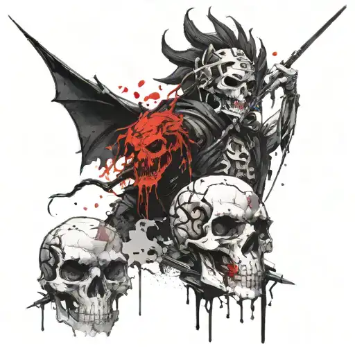 A Black Ninja Next To A Black Dragon And Next To A Creepy Skull