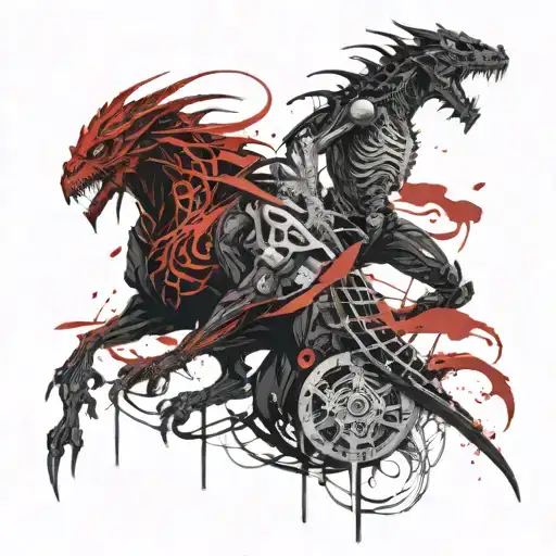 A Black Ninja Next To A Black Dragon And Next To A Skeleton