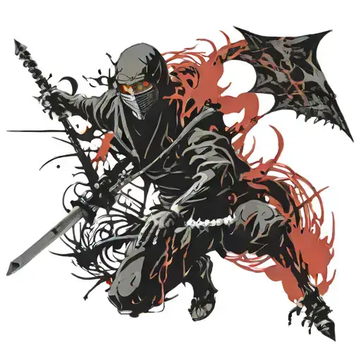 The Image Of A Black Ninja In Front Of A Fierce Dragon And A Skeleton In The Corner Of The Image