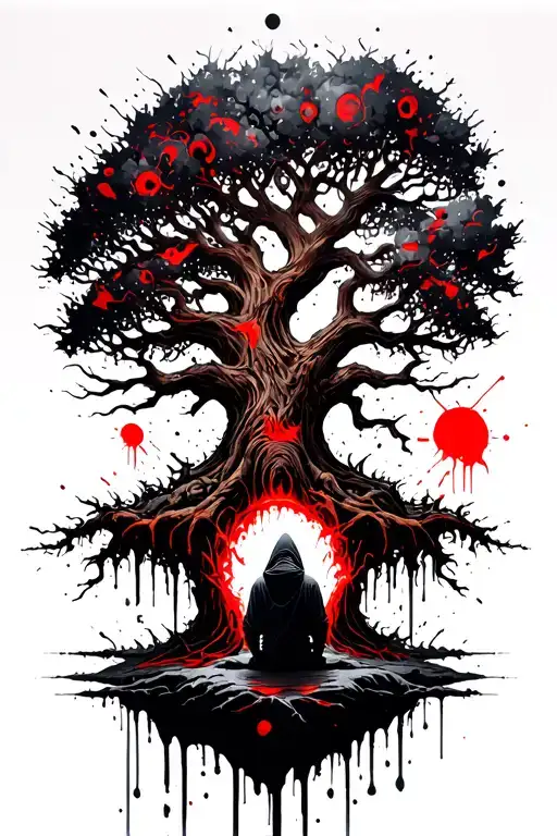 Massive Tree Of Life With Small Hooded Wanderer Sitting At Base Facing The Side