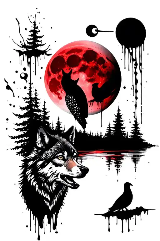 Wolf And A Owl In A Full Moon Phases With Trees And A Lagoon