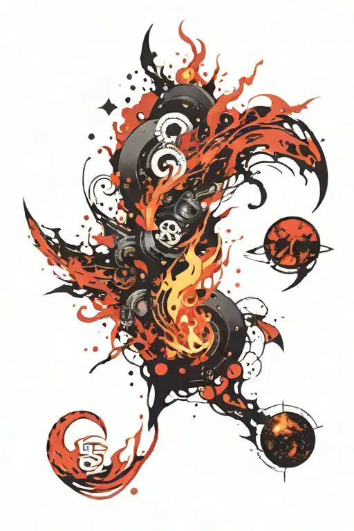 Abstract Universe And Fire Tattoo On The Back