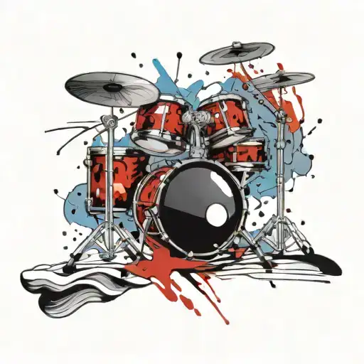 A Tattoo Design Of A Drum Set On A Beach With Waves Crashing In The Background