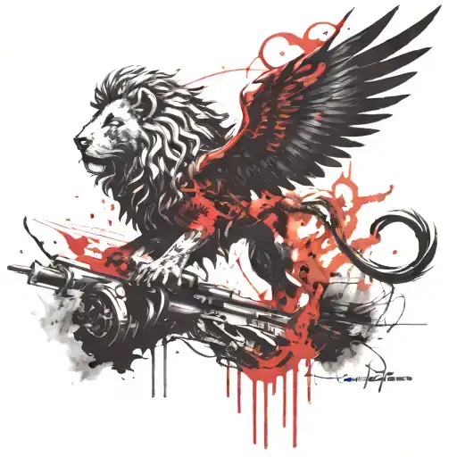 Winged Lion And A Werewolf With A Gun