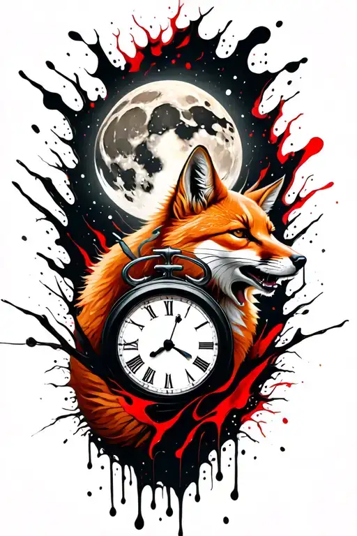 A Ginger Fox Howling At The Moon With The Hands Of A Clock On It In Burning Forest
