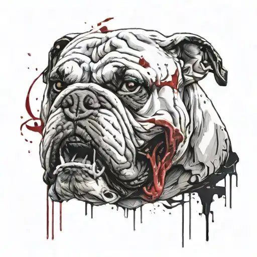 A Demonic English Bulldog Is Gnawing On A Human Skull With Saliva At The Mouth