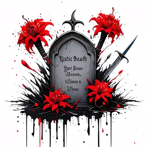 Red Lycoris Around A Tombstone With The Date Of Death With A Dagger