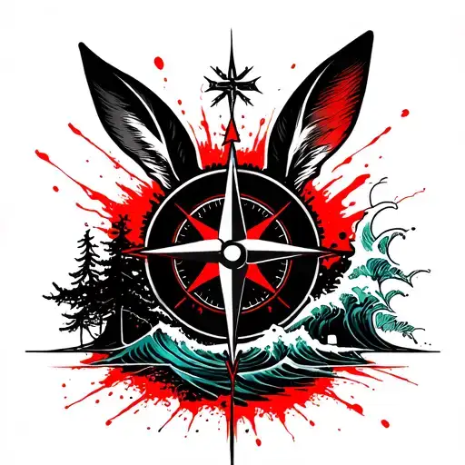 Compass And Pine Tree And Ocean Wave Cross Hares