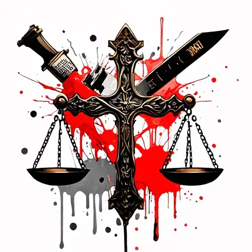 Minimalistic Patch Work Style Latin Budded Cross Scale Of Justice With Knife And Bible In The Scale