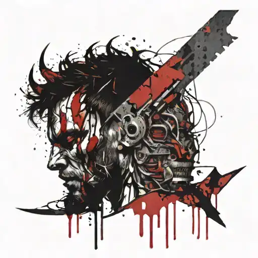 A Demon Around Which Knives In The Left Hand A Human Head And In The Right An Axe