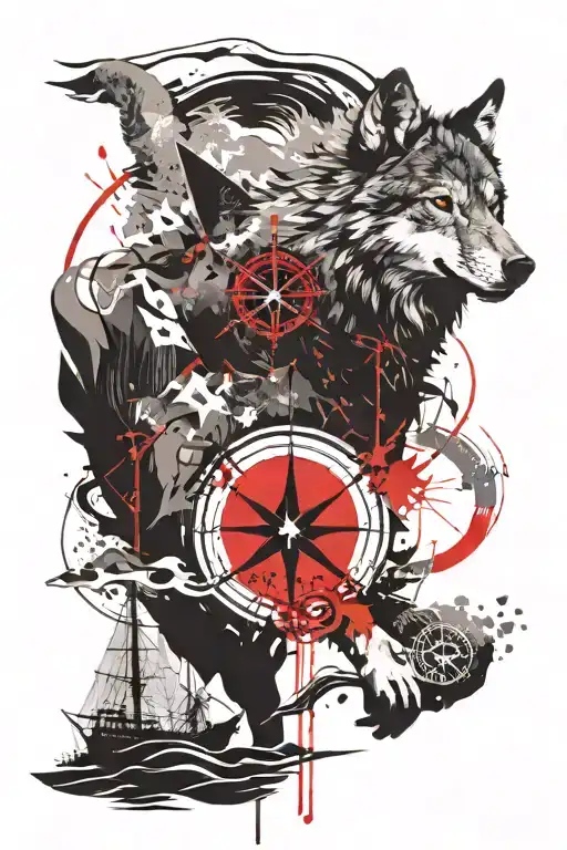 A Wolf Silhouette With A Compass Rose And Waves