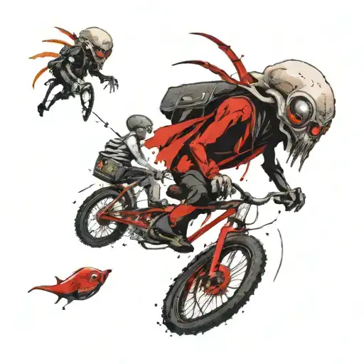 An Alien Taking His Alien Son To The School On His Bike