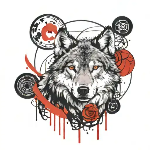A Black And Grey Tattoo Of A Wolf Howling At The Moon Surrounded By Love Symbols