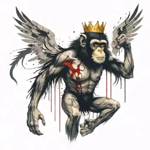 Chest Tattoo With Black Angel Wings And A Monkey Face In The Middle With A Crown On Its Head