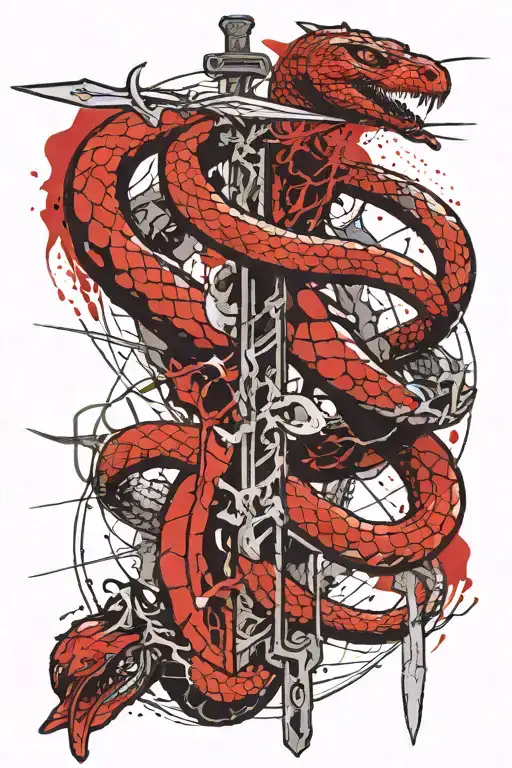 A Giant Snake Being Slain By Archangel Micheal With A Sword That Looks Like A Cross