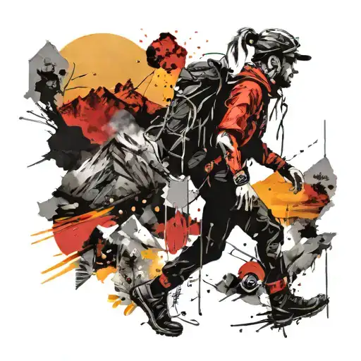 Hiker With Mountains And Sunset