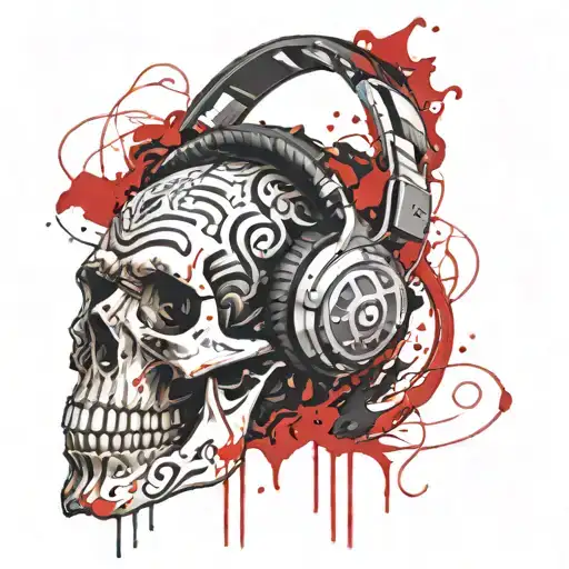 A Skull Wearing Headphones Surrounded By Swirling Music Notes