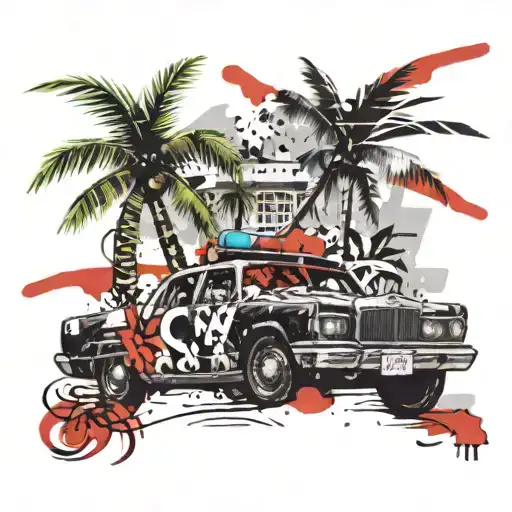 A Tropical Beach Scene With A Police Car In The Background
