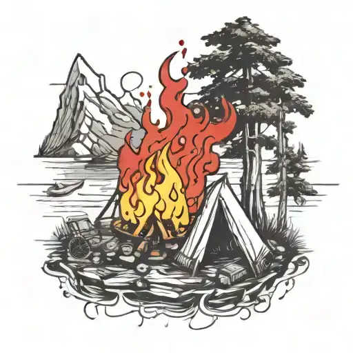 A Detailed Blackwork Tattoo Of A Camping Scene With A Family Gathered Around A Bonfire