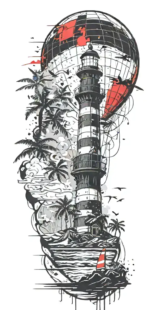 Light House Beach Scene With Palm Trees And Hot Air Balloons