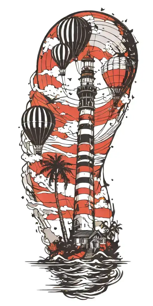 Light House Beach Scene With Palm Trees And Hot Air Balloons