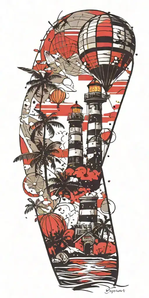 Light House Beach Scene With Palm Trees And Hot Air Balloons