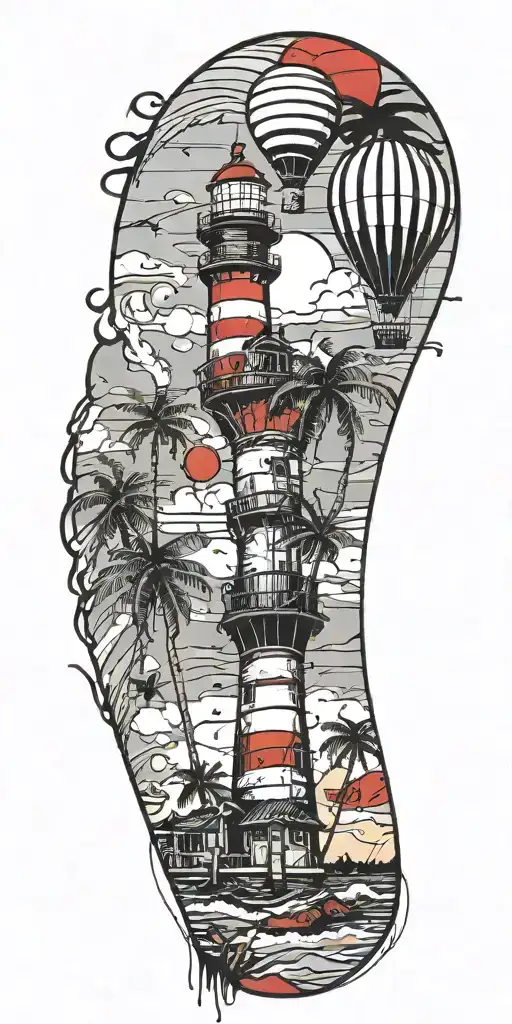 Light House Beach Scene With Palm Trees And Hot Air Balloons