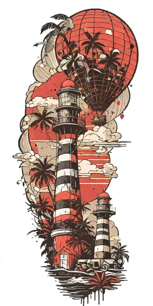 Light House Beach Scene With Palm Trees And Hot Air Balloons
