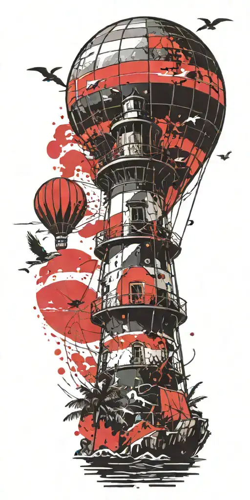 Light House Beach Scene With Palm Trees And Hot Air Balloons