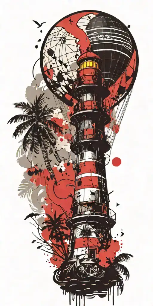 Light House Beach Scene With Palm Trees And Hot Air Balloons