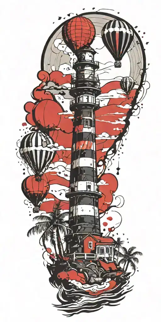 Light House Beach Scene With Palm Trees And Hot Air Balloons
