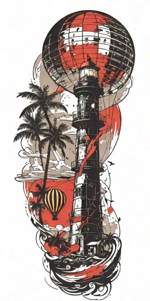 Light House Beach Scene With Palm Trees And Hot Air Balloons