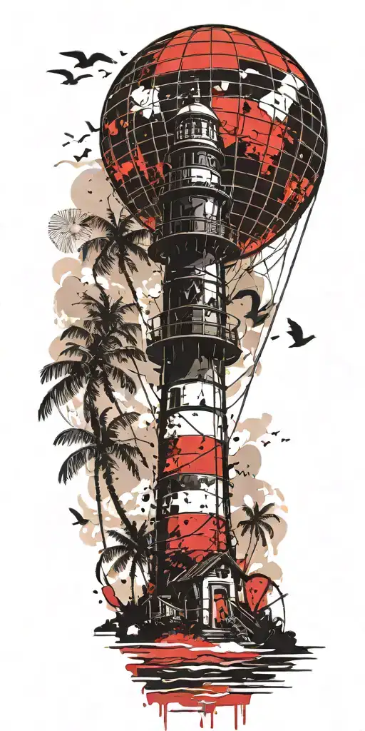 Light House Beach Scene With Palm Trees And Hot Air Balloons