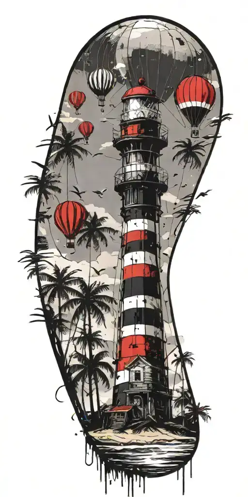 Light House Beach Scene With Palm Trees And Hot Air Balloons